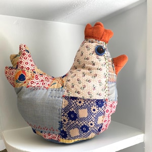 Chicken decor, stuffed and weighted chicken Upcycled from vintage quilt, shelf decor for a chicken lover, cute chicken gift