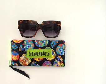 Padded Sunglass Case: Sugar Skull Fabric, Neon Zipper