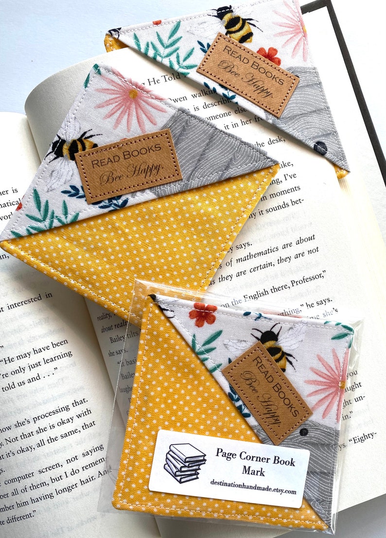 Corner Bookmark, Read Books, Bee Happy, Fabric Bookmark, small gift for Mothers Day, present for moms who like to read, bee bookmark image 2
