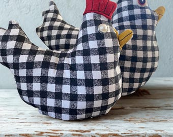 Upcycled Gingham Chicken Decor: Weighted Shelf Sitter, pair of chickens