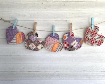 Quilted Hearts for Decor, Coasters, Repurposed vintage Quilt, Valentine decor