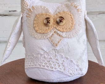 Folk Art Owl Shelf Sitter, Embroidered Linen Bird Decor