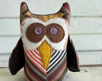 Folk Art Owl, small owl shelf sitter, vintage fabrics, embroidered face, bird lover gift