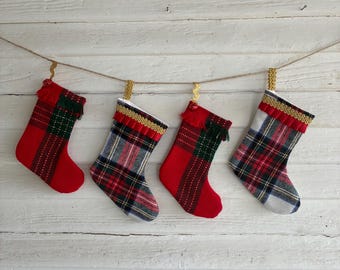 Handmade Mini Plaid Christmas Stocking: Upcycled Vintage Linens Decor