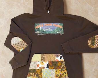 Upcycled Patchwork Hoodie: Vintage Quilt Pocket, Embroidered Elbow Patches, Size L