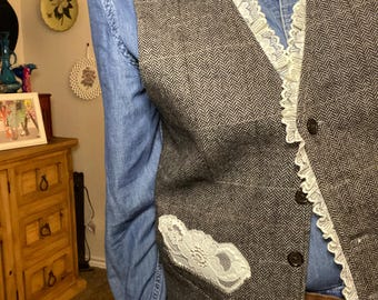 Upcycled Herringbone Vest with Lace, Dark Academia, Unisex Medium