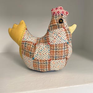 Chicken decor, stuffed and weighted chicken Upcycled from vintage quilt, shelf decor for a chicken lover, cute chicken gift