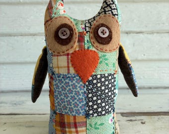Folk Art Owl Shelf Sitter, Repurposed Vintage Patchwork Fabrics, Embroidered Face