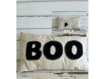 Halloween Boo Pillow, Small handmade spooky accent Pillow decor, repurposed Bank Bags