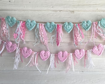 Heart Garland, Bunting, Handmade small crochet hearts with lace, girls room decor, valentine decor