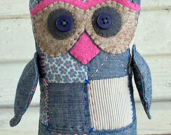 Folk Art Owl, small owl shelf sitter, vintage fabrics, embroidered face, bird lover gift