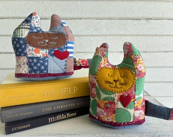 Stuffed Cat Shelf Sitter, repurposed quilt figure, curly ear cat, Maine coon