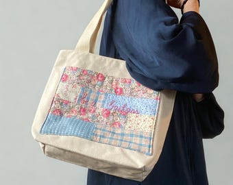 Book Tote, upcycled quilt, hand embroidered, be a badass, book, work or lunch bag