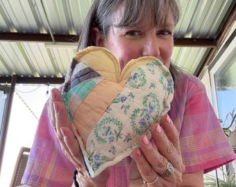 Repurposed Quilt Denim Heart Pillow, Message Pocket, Divorce Retirement Gift