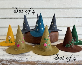 Tiny Witch Hats, handmade wool felt, hand embroidered, celestial witch or forest