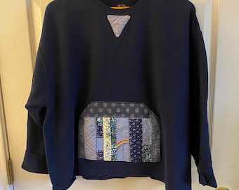 Upcycled Sweatshirt: Quilted Rainbow Pocket, Vintage Style Hoodie (Size M)