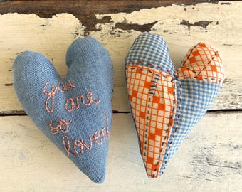Embroidered Quilted Hearts, Vintage Fabric Bowl Filler, Shabby Chic Decor