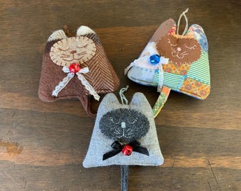 Cat Christmas Ornament, handmade from upcycled quilts, textiles