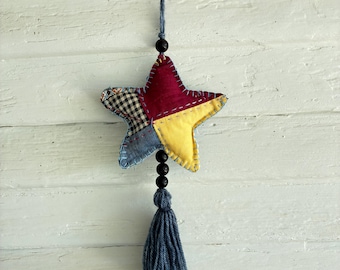 Quilted Star Ornament with Beads and Tassel, Repurposed Denim Decoration