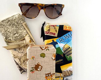 Padded Glasses Case: Designer Cotton, Vegan Leather, Zippered Reader Case