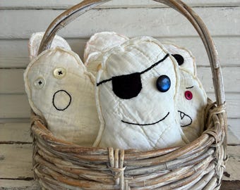 Halloween Ghost decor, vintage quilt bowl filler, small shelf sitter, fall accent pillow
