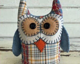 Repurposed Quilt Owl Shelf Sitter, Denim Wings, Hand-Embroidered Bird Lover Gift, graduation gift