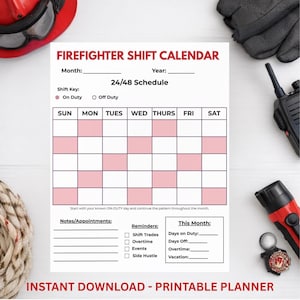 Peut inclure: Un calendrier de quart de pompier imprimable blanc avec un horaire 24/48. Le calendrier comprend des espaces pour le mois, l'année et la clé de quart. Le calendrier comporte également des espaces pour les notes, les rappels et les informations de ce mois-ci. Les mots "Téléchargement instantané - Planificateur imprimable" sont en bas.