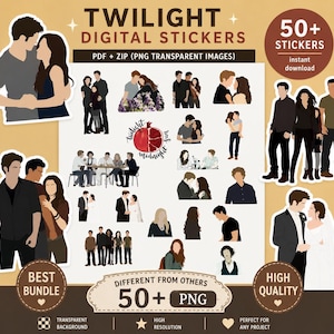 Puede incluir: Una colección de más de 50 pegatinas digitales con personajes ilustrados de la serie Twilight. El conjunto incluye varias escenas de parejas y grupos, un gráfico de granada con el texto Twilight Midnight Sun y archivos en formato PNG.