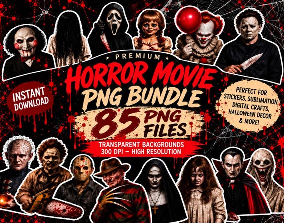85 Horror Movie Icons PNG Clipart Bundle | Halloween Horror Stickers | Semi-Realistic | Transparent Background