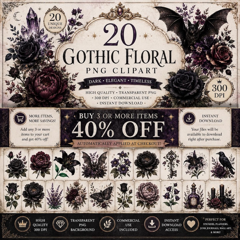 Gothic moth sticker, dark moth clipart, black moth PNG, gothic butterfly, gothic floral sticker, dark botanical PNG, vintage moth clipart, witchy sticker, witchcore PNG, dark academia sticker, occult aesthetic, celestial moth, mystical clipart, Victorian gothic, botanical sticker, printable sticker, digital sticker, transparent PNG, junk journal clipart, scrapbook sticker, commercial use PNG, ghotic flowers, ghotic flowers Png, Gothic Floral Clipart PNG, Dark Botanical Elements, Moody Flowers
