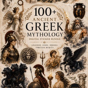 Puede incluir: Un paquete de pegatinas digitales con más de 100 ilustraciones de la mitología griega antigua, incluyendo dioses, diosas, héroes y criaturas míticas como Cerbero y Pegaso. El texto dice 100+ ANCIENT GREEK MYTHOLOGY DIGITAL STICKER BUNDLE.