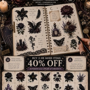 Gothic moth sticker, dark moth clipart, black moth PNG, gothic butterfly, gothic floral sticker, dark botanical PNG, vintage moth clipart, witchy sticker, witchcore PNG, dark academia sticker, occult aesthetic, celestial moth, mystical clipart, Victorian gothic, botanical sticker, printable sticker, digital sticker, transparent PNG, junk journal clipart, scrapbook sticker, commercial use PNG, ghotic flowers, ghotic flowers Png, Gothic Floral Clipart PNG, Dark Botanical Elements, Moody Flowers