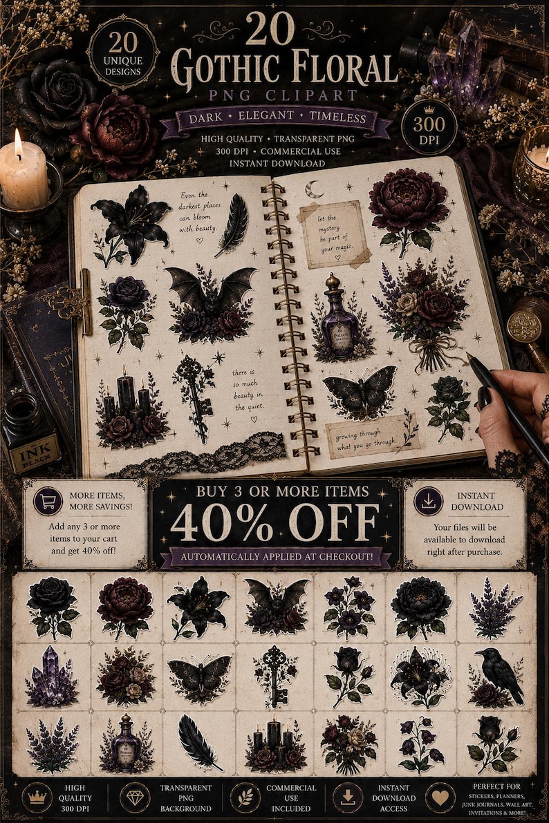Gothic moth sticker, dark moth clipart, black moth PNG, gothic butterfly, gothic floral sticker, dark botanical PNG, vintage moth clipart, witchy sticker, witchcore PNG, dark academia sticker, occult aesthetic, celestial moth, mystical clipart, Victorian gothic, botanical sticker, printable sticker, digital sticker, transparent PNG, junk journal clipart, scrapbook sticker, commercial use PNG, ghotic flowers, ghotic flowers Png, Gothic Floral Clipart PNG, Dark Botanical Elements, Moody Flowers