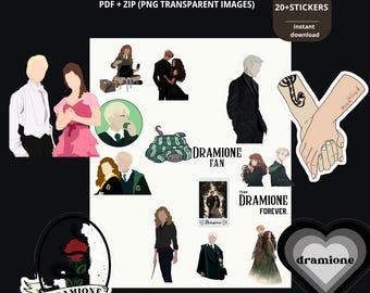 Dramione-stickerbundel: fanart Drago Malfidus en Hermelien Griffel (afdrukbare pdf en png)