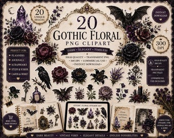 Gothic Floral Clipart Bundle | 20 Dark Botanical PNG | Black Flowers & Bat Clipart | Vintage Gothic PNG | Transparent PNG | Commercial Use
