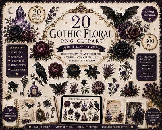 Gothic Floral Clipart Bundle | Dark Botanical PNG | Black Flowers & Bat Clipart | Vintage Gothic PNG | Transparent PNG | Commercial Use