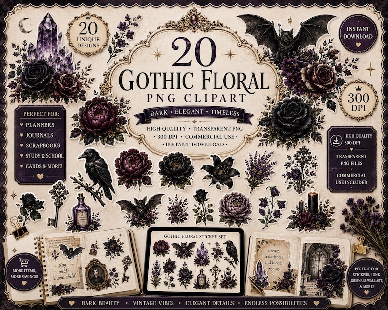 Gothic moth sticker, dark moth clipart, black moth PNG, gothic butterfly, gothic floral sticker, dark botanical PNG, vintage moth clipart, witchy sticker, witchcore PNG, dark academia sticker, occult aesthetic, celestial moth, mystical clipart, Victorian gothic, botanical sticker, printable sticker, digital sticker, transparent PNG, junk journal clipart, scrapbook sticker, commercial use PNG, ghotic flowers, ghotic flowers Png, Gothic Floral Clipart PNG, Dark Botanical Elements, Moody Flowers