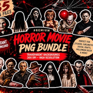 Paquete de imágenes prediseñadas PNG de iconos de películas de terror / 85 archivos PNG / Paquete PNG de terror de Halloween / Semirrealista / Fondo transparente