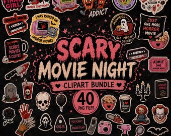 Horror Movie Night Clipart Bundle | Spooky Halloween PNG Files (Digital Download)