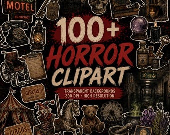 100+ Horror Clipart Sticker Pack | Haunted Motel, Circus, Witchcraft (Digital Download)