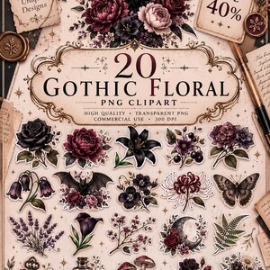 Gothic moth sticker, dark moth clipart, black moth PNG, gothic butterfly, gothic floral sticker, dark botanical PNG, vintage moth clipart, witchy sticker, witchcore PNG, dark academia sticker, occult aesthetic, celestial moth, mystical clipart, Victorian gothic, botanical sticker, printable sticker, digital sticker, transparent PNG, junk journal clipart, scrapbook sticker, commercial use PNG, ghotic flowers, ghotic flowers Png, Gothic Floral Clipart PNG, Dark Botanical Elements, Moody Flowers