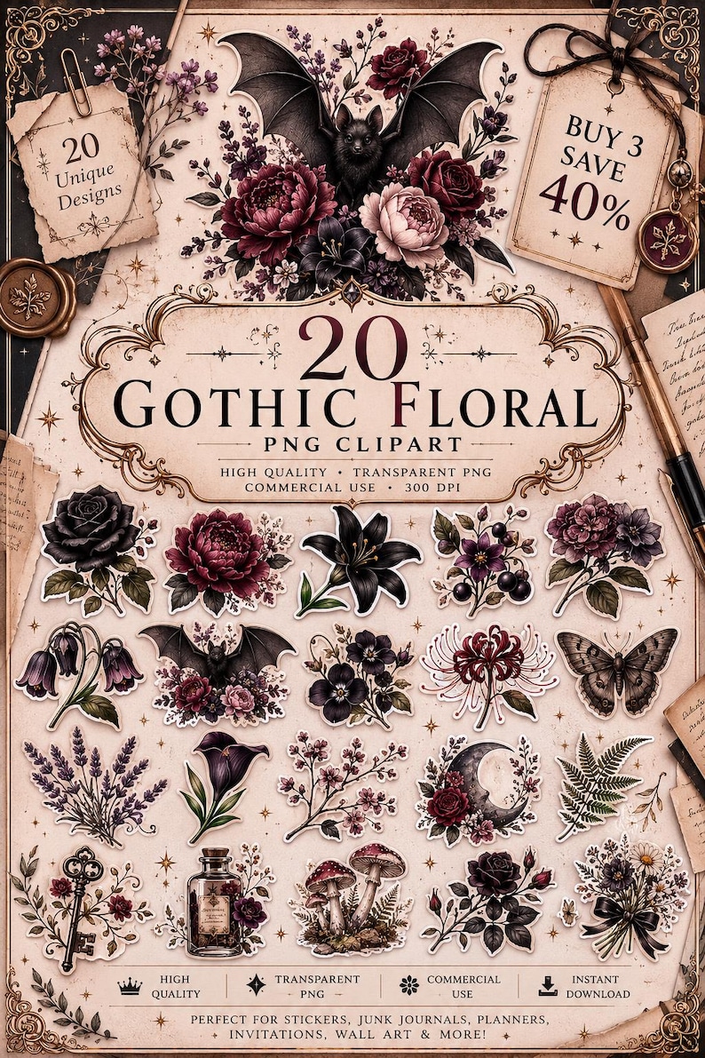 Gothic moth sticker, dark moth clipart, black moth PNG, gothic butterfly, gothic floral sticker, dark botanical PNG, vintage moth clipart, witchy sticker, witchcore PNG, dark academia sticker, occult aesthetic, celestial moth, mystical clipart, Victorian gothic, botanical sticker, printable sticker, digital sticker, transparent PNG, junk journal clipart, scrapbook sticker, commercial use PNG, ghotic flowers, ghotic flowers Png, Gothic Floral Clipart PNG, Dark Botanical Elements, Moody Flowers