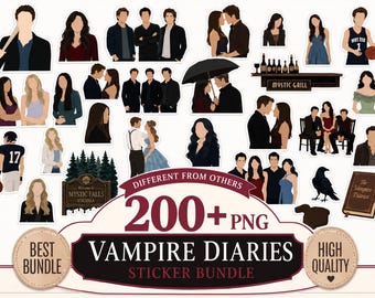 May include: A digital sticker bundle featuring over 200 PNG illustrations of characters, scenes, and icons from The Vampire Diaries, including the Mystic Falls sign, Mystic Grill bar, a crow, and a book titled The Vampire Diaries.