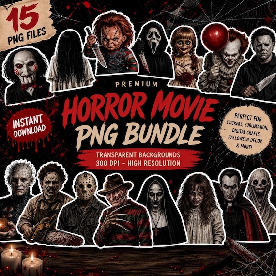 Horror Movie Icons PNG Clipart Bundle | 14 PNG Files | Halloween Horror PNG Bundle | Semi-Realistic | Transparent Background