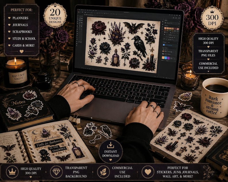 Gothic moth sticker, dark moth clipart, black moth PNG, gothic butterfly, gothic floral sticker, dark botanical PNG, vintage moth clipart, witchy sticker, witchcore PNG, dark academia sticker, occult aesthetic, celestial moth, mystical clipart, Victorian gothic, botanical sticker, printable sticker, digital sticker, transparent PNG, junk journal clipart, scrapbook sticker, commercial use PNG, ghotic flowers, ghotic flowers Png, Gothic Floral Clipart PNG, Dark Botanical Elements, Moody Flowers