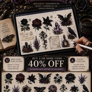Gothic moth sticker, dark moth clipart, black moth PNG, gothic butterfly, gothic floral sticker, dark botanical PNG, vintage moth clipart, witchy sticker, witchcore PNG, dark academia sticker, occult aesthetic, celestial moth, mystical clipart, Victorian gothic, botanical sticker, printable sticker, digital sticker, transparent PNG, junk journal clipart, scrapbook sticker, commercial use PNG, ghotic flowers, ghotic flowers Png, Gothic Floral Clipart PNG, Dark Botanical Elements, Moody Flowers