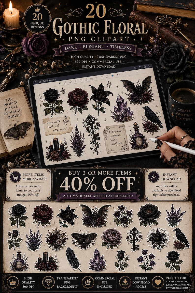 Gothic moth sticker, dark moth clipart, black moth PNG, gothic butterfly, gothic floral sticker, dark botanical PNG, vintage moth clipart, witchy sticker, witchcore PNG, dark academia sticker, occult aesthetic, celestial moth, mystical clipart, Victorian gothic, botanical sticker, printable sticker, digital sticker, transparent PNG, junk journal clipart, scrapbook sticker, commercial use PNG, ghotic flowers, ghotic flowers Png, Gothic Floral Clipart PNG, Dark Botanical Elements, Moody Flowers