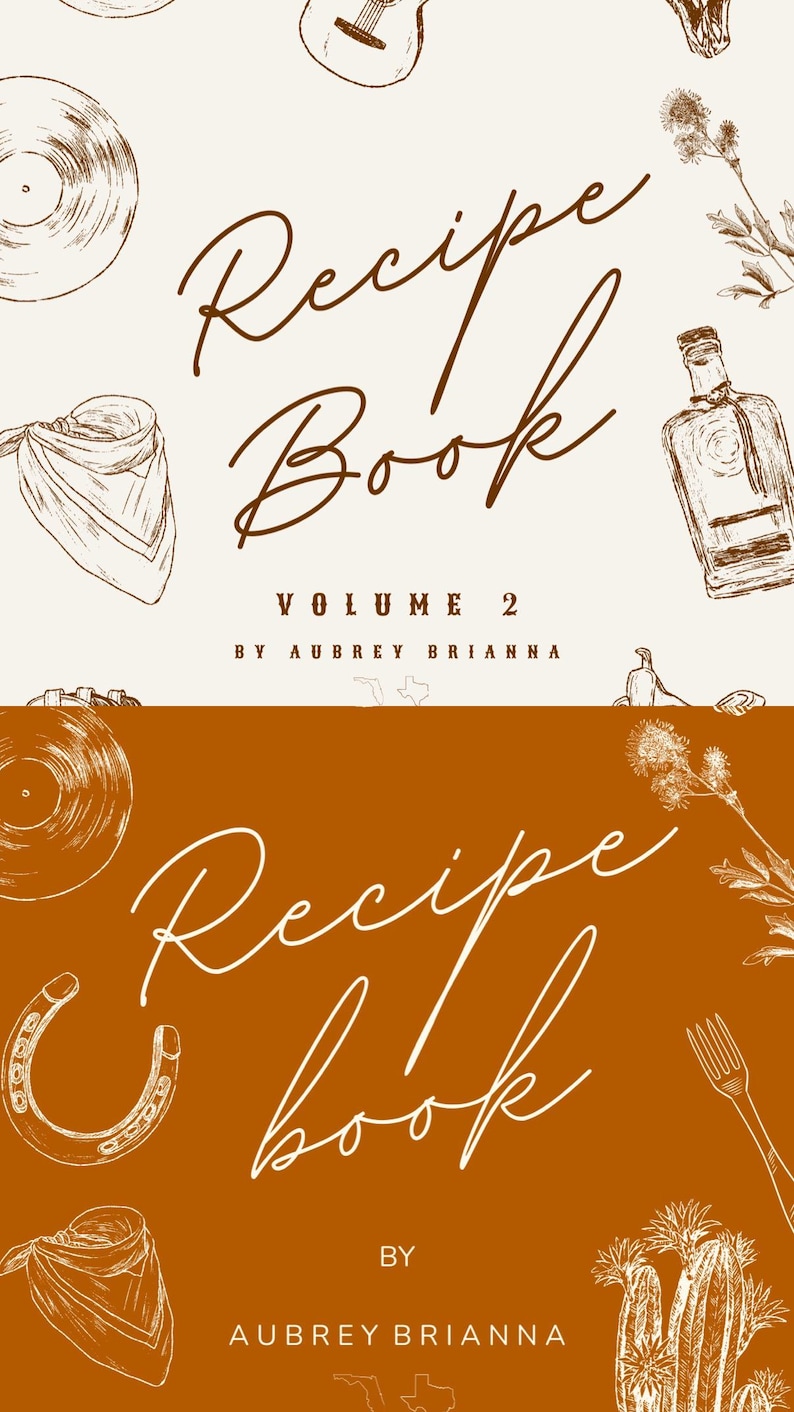 Puede incluir: Una portada de libro de recetas en dos secciones, crema y marr&oacute;n. La secci&oacute;n superior tiene ilustraciones de una guitarra, un disco y una botella. La secci&oacute;n inferior tiene una herradura, una bandana y un cactus. El texto dice "Recipe Book Volume 2 by Aubrey Brianna."