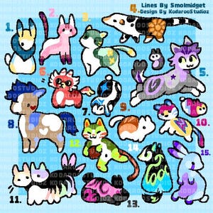 May include: A digital art sheet featuring fifteen numbered, stylized animal illustrations. The characters include various cats, rabbits, and mythical creatures in vibrant colors, with the text Lines By Smolmidget and Design By KodarooStudioz at the top.
