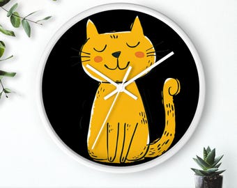 Whimsical Cat Wall Clock – Kitty Decor, 10" Wood Frame